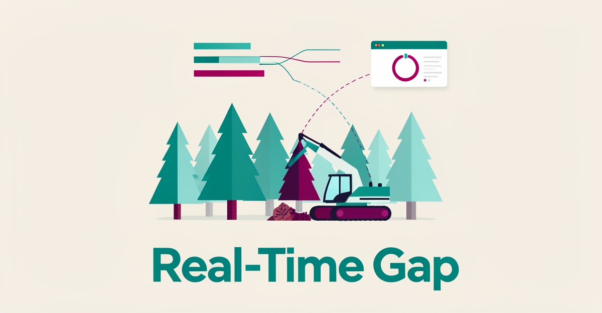 Flat illustration of a stylized forestry machine harvesting a geometric tree with floating data progress bars in teal and magenta, headline reading Real-Time Gap.