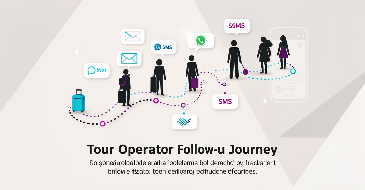 Flat illustration showing automated follow-up turning one-time tour guests into repeat loyal travelers with messaging touchpoints.