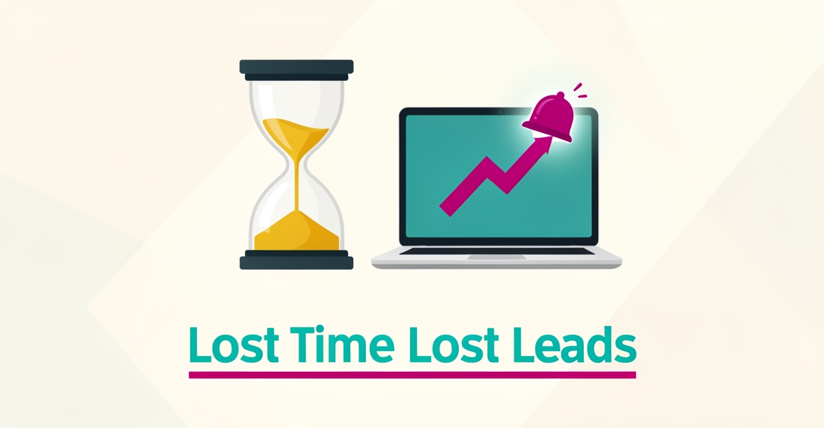 Flat illustration of an hourglass and laptop with rising arrow symbolizing trademark firms losing leads and AI automation fixing response times.