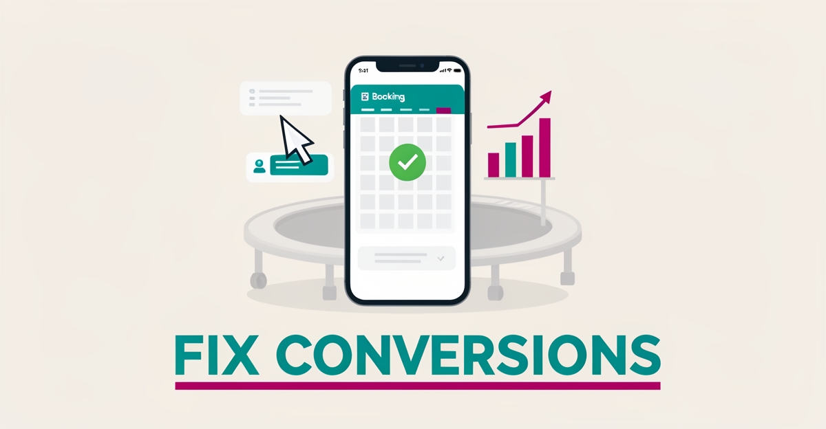 Flat illustration of a smartphone booking interface with rising analytics chart in teal and magenta, symbolizing improved website conversions.