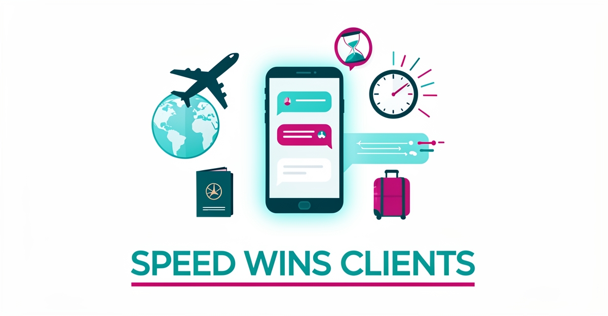 Flat illustration of a smartphone with AI chat bubbles surrounded by travel icons like a globe, airplane, and clock, symbolizing instant response for travel insurance brokers.