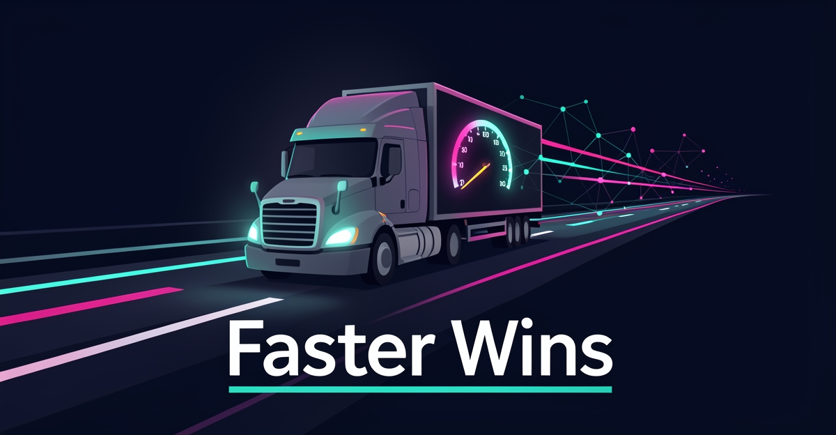 Flat illustration of a semi truck racing down a highway with glowing teal and magenta light trails, symbolizing instant AI-powered lead capture.