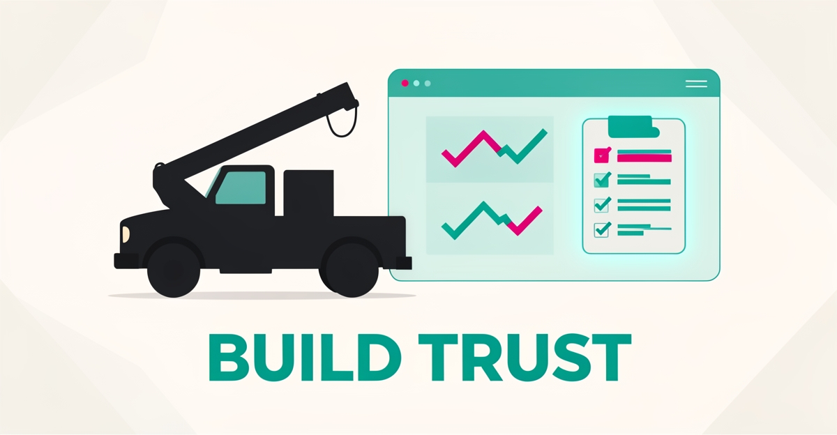 Flat illustration of a utility fleet truck beside a transparent dashboard of maintenance data, accented in teal and magenta, with headline Build Trust.