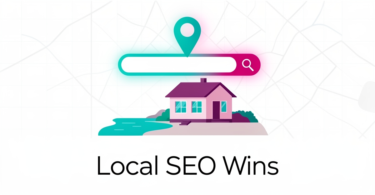 Flat illustration of a coastal vacation cabin with a search bar and location pin, symbolizing AI-driven local SEO for rental bookings.