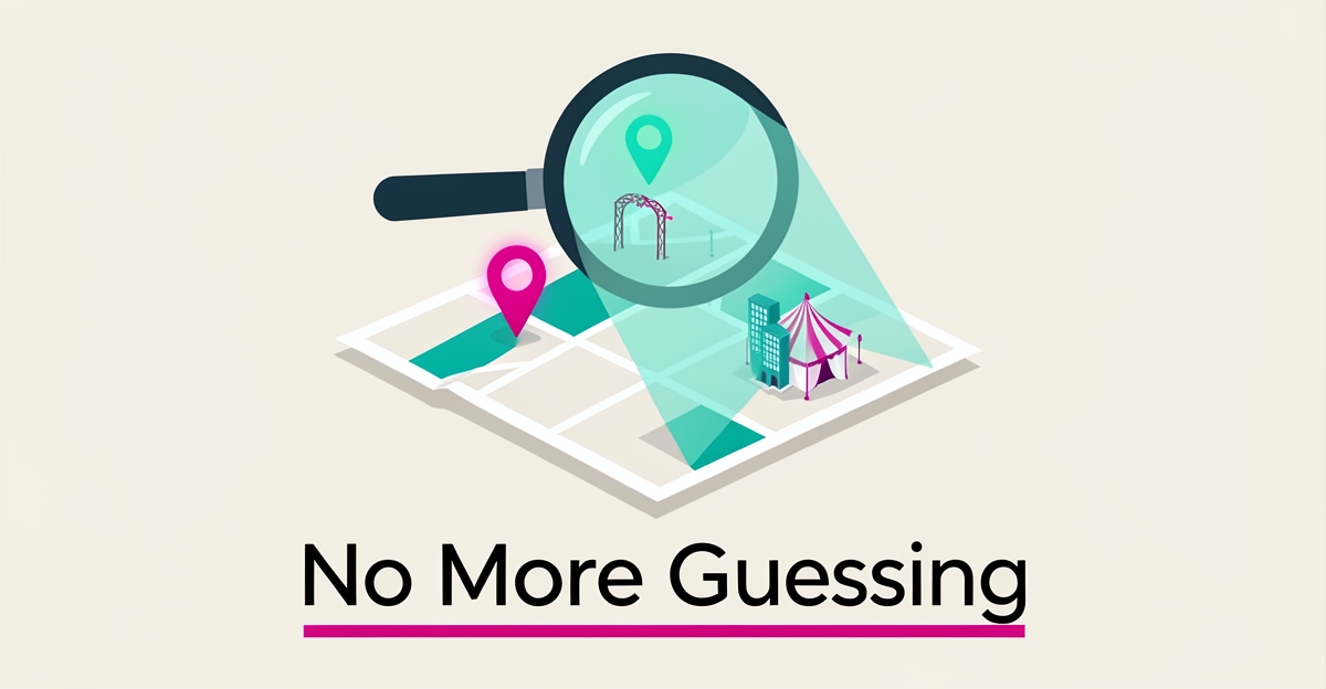 Flat illustration of a magnifying glass revealing hidden location pins and event icons on a stylized map, symbolizing transparent valet service details.