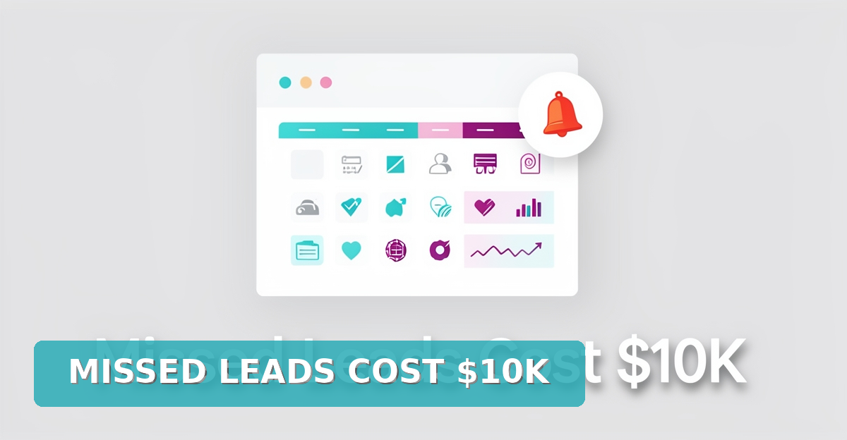 A minimalist flat illustration of a digital dashboard with alert icons indicating missed valet leads, using brand colors #2aabb6 and #d946ef as accents, with a headline about lost revenue.