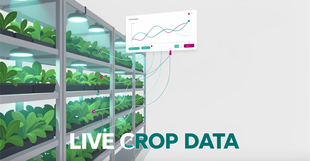 Flat illustration of a vertical farm with stacked crops, IoT sensors, and a live data dashboard in teal and magenta accents.
