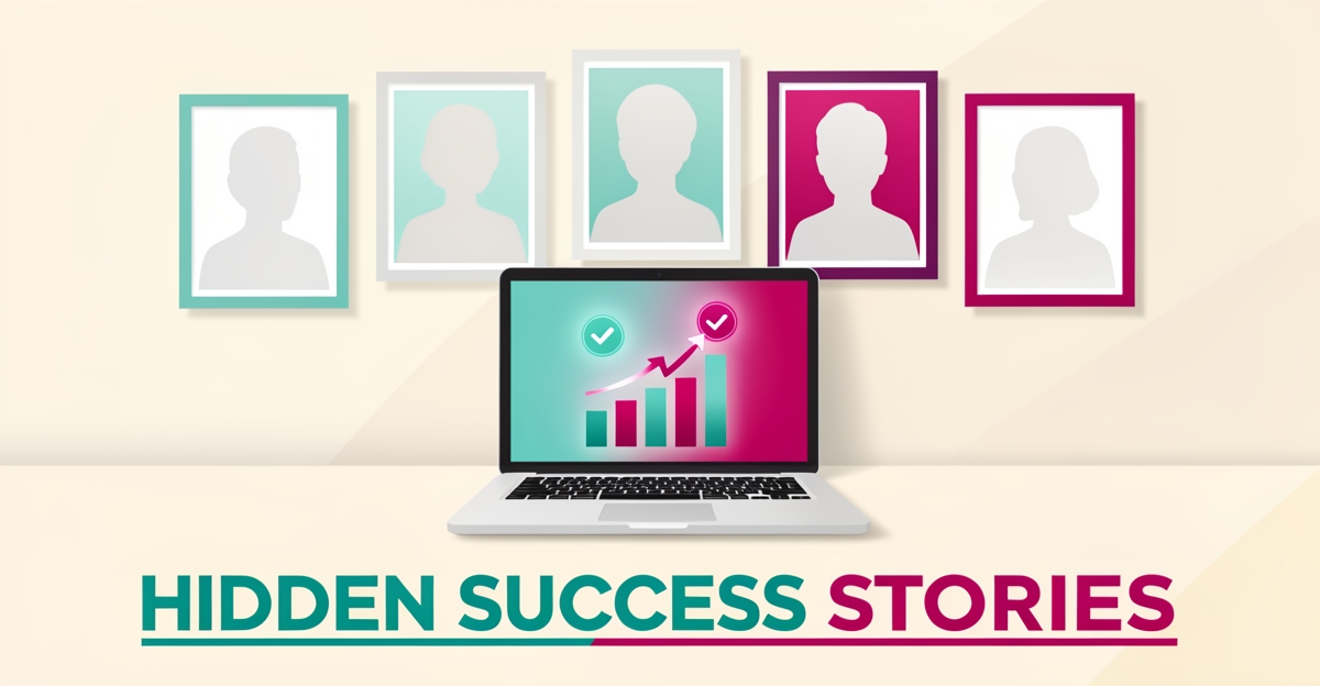 Flat illustration of a laptop showing employment outcome charts beside illuminated empty picture frames, symbolizing vocational rehab success stories being revealed.