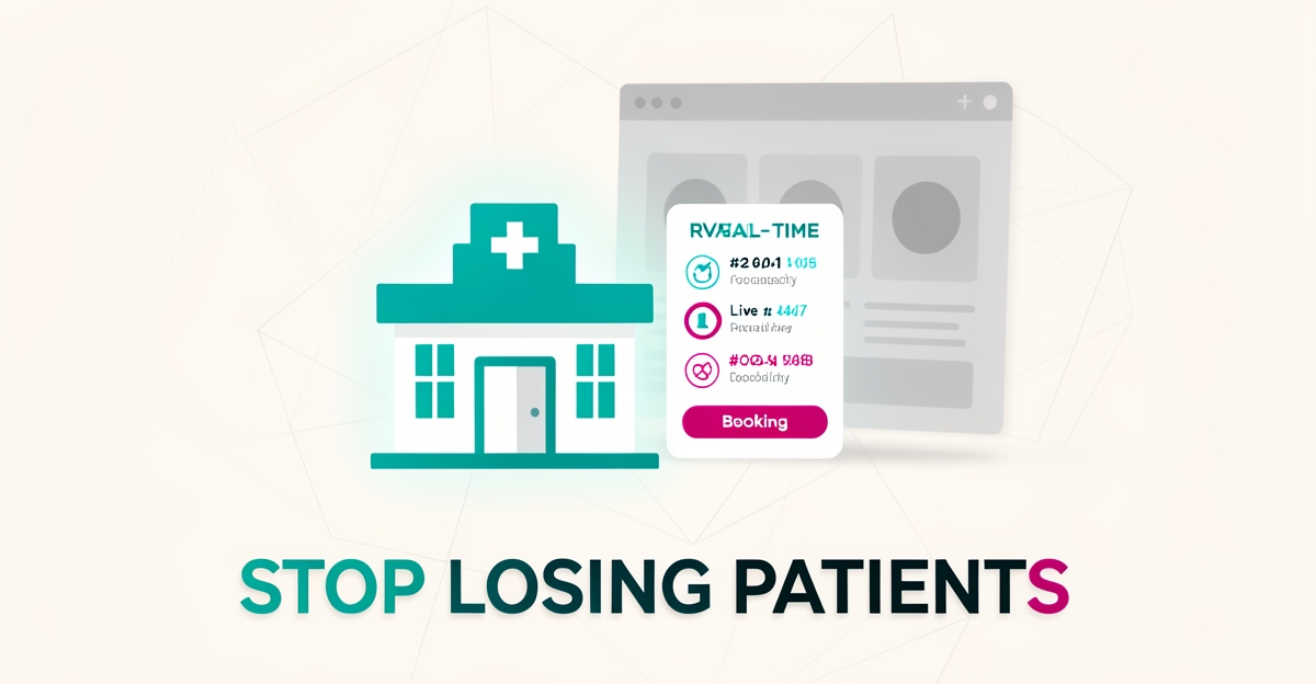 Flat illustration of a clinic with a live availability dashboard outshining a fading generic website, headline reading Stop Losing Patients.