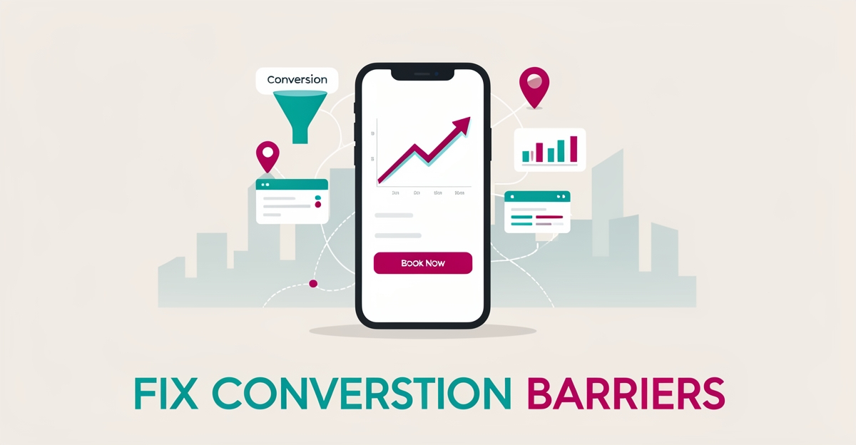 Flat illustration of a smartphone tour booking app surrounded by rising conversion charts and map route motifs in teal and magenta.