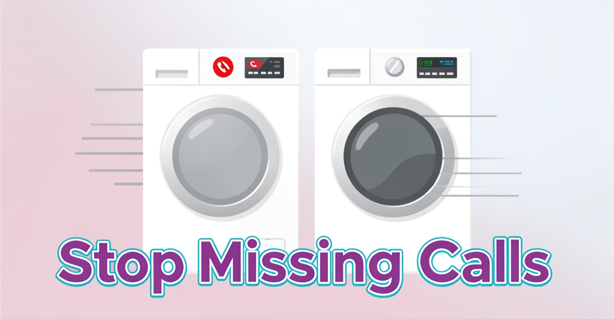 A modern flat illustration of a washer and dryer with a missed call notification, emphasizing lost revenue from unanswered service calls in appliance repair businesses