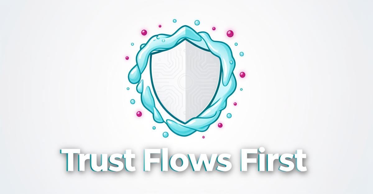 A minimalist flat illustration of a water droplet shield protecting a filter icon, symbolizing trust over speed in water treatment decisions, with brand-colored accents and a headline overlay.