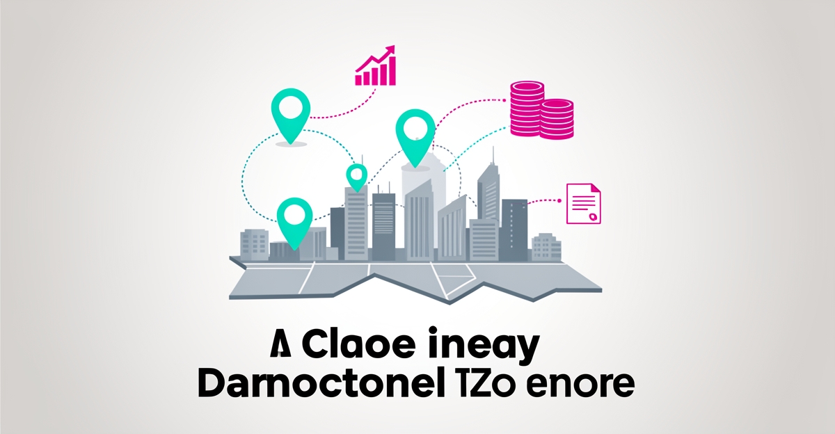 Flat illustration of a city map with glowing location pins connected to financial growth icons, symbolizing local lead generation for wealth management firms.