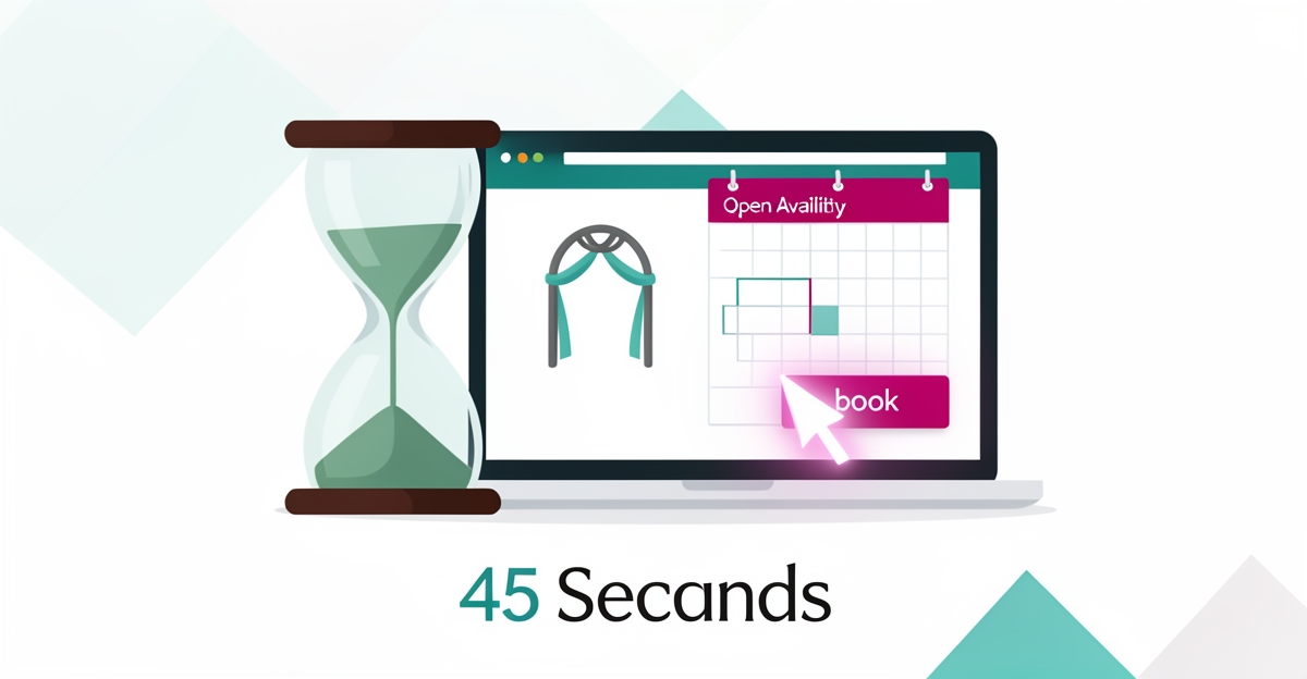 Flat illustration of an hourglass beside a laptop showing a wedding website with open availability, headline reading 45 Seconds.