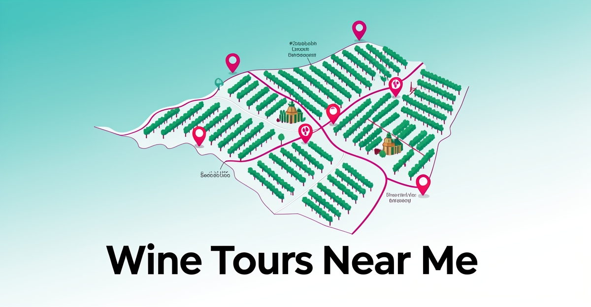 A clean flat illustration of a wine region map with vineyards and scenic routes, featuring the headline 'Wine Tours Near Me' in the lower third as a designed overlay, using brand colors #2aabb6 and #d946ef.