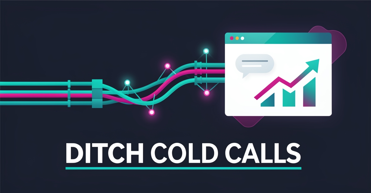 Flat illustration of a wire harness transforming into digital AI website elements with teal and magenta accents, symbolizing automated lead capture.