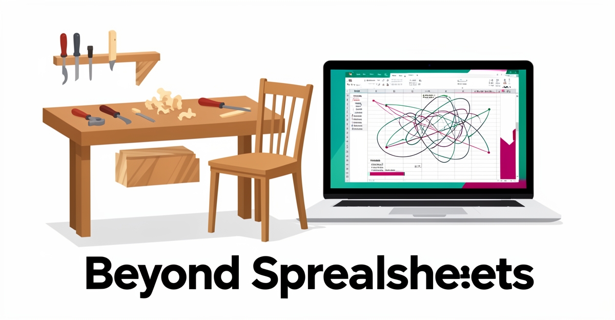 Flat illustration of a woodworking workbench beside a laptop displaying a chaotic spreadsheet, with headline Beyond Spreadsheets.