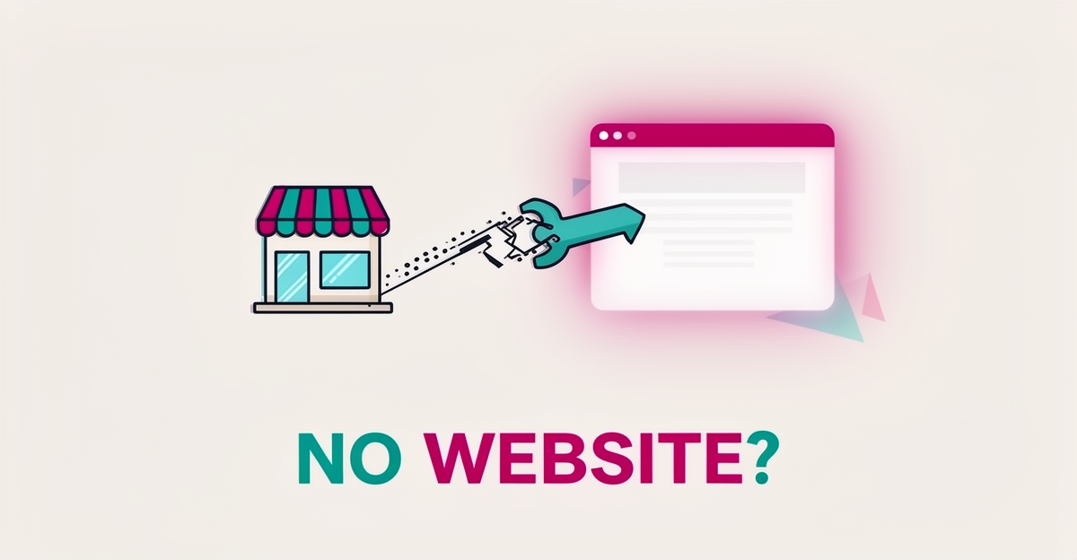 Flat illustration of a storefront separated from a glowing browser window by a broken bridge, symbolizing a business without a website.