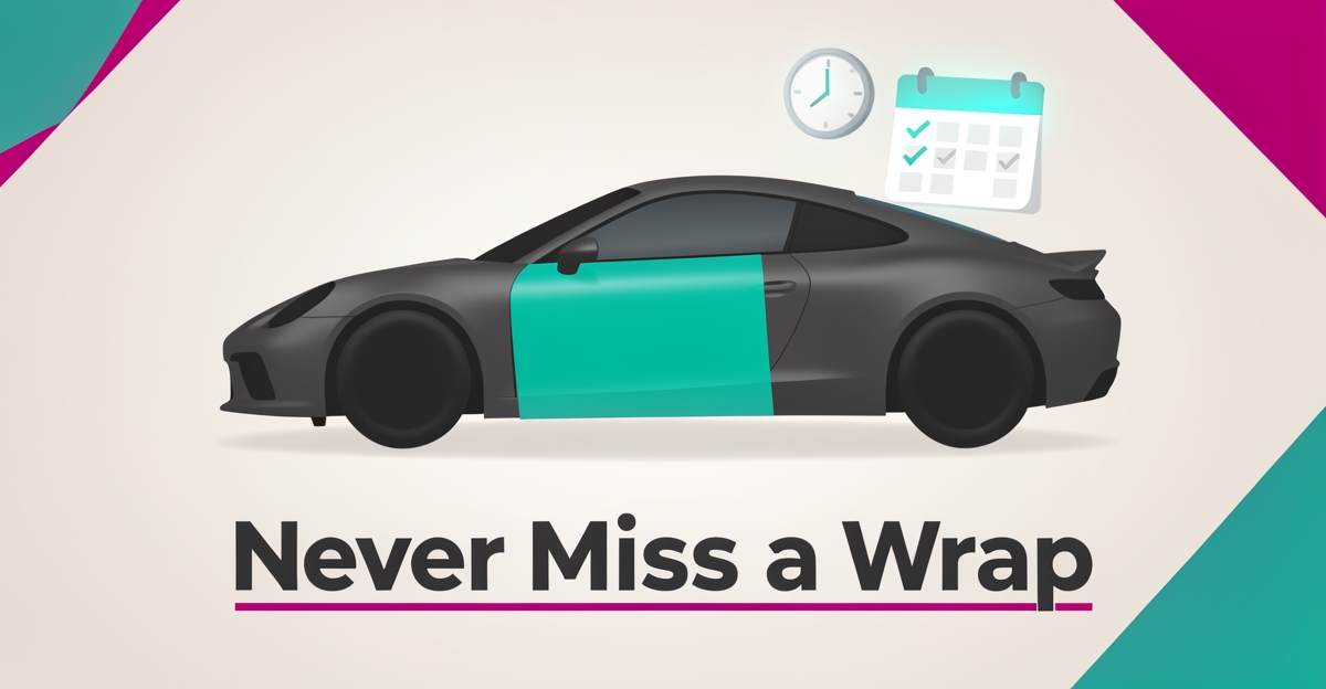 Flat illustration of a car being wrapped in teal vinyl beside a booking calendar icon, symbolizing automated scheduling for wrap shops.