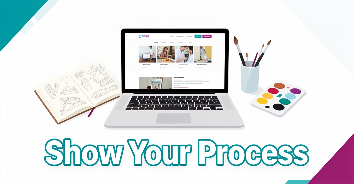 Minimalist flat illustration of an artist's desk with laptop, brush, and palette, featuring the headline 'Show Your Process' in brand colors, symbolizing art website style and process showcase.