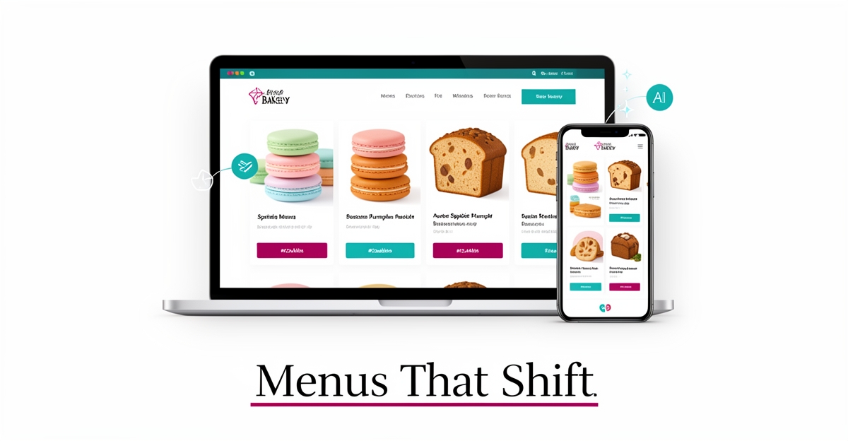 Bakery website auto-updating seasonal menus across laptop and phone with AI sync icons and brand color accents.