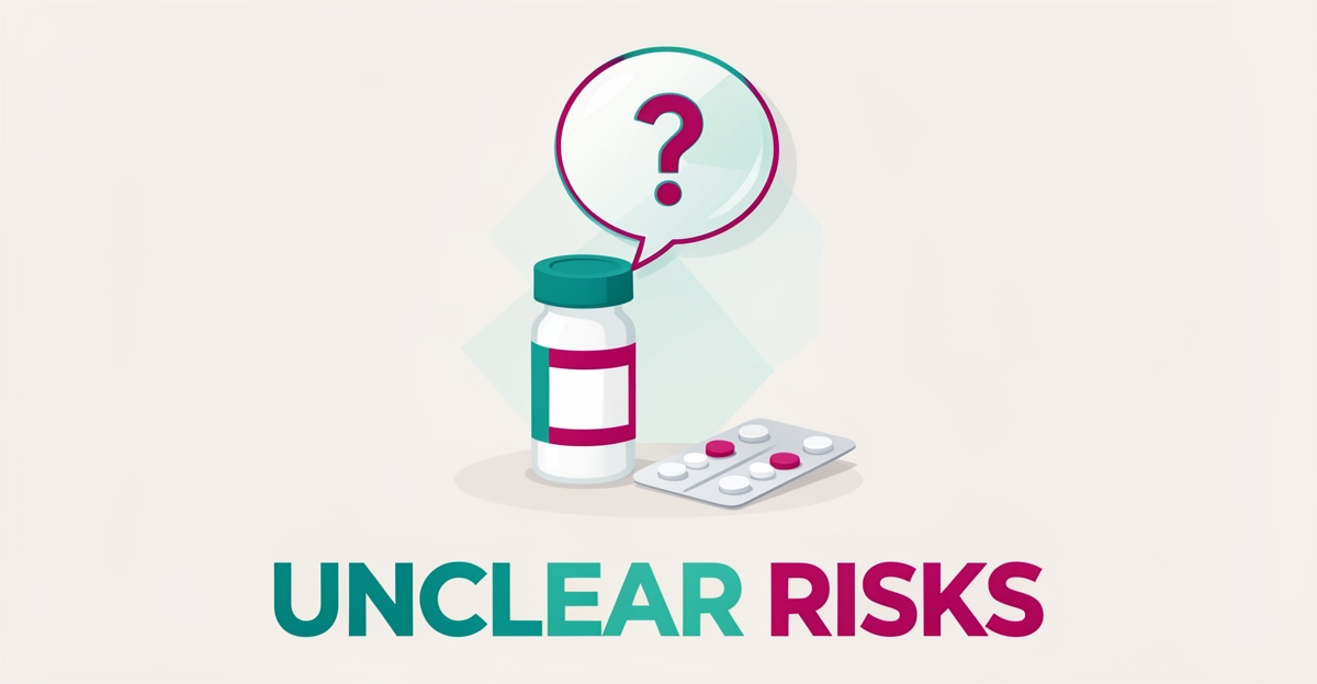 Flat illustration of a medication bottle with a question-mark speech bubble, symbolizing patient confusion over unclear side effect warnings.