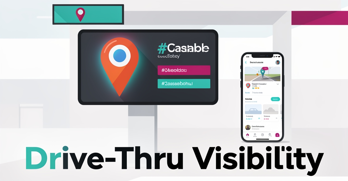 Flat illustration of drive-thru with digital menu showing Google Maps pin and smartphone search result, teal and magenta accents.