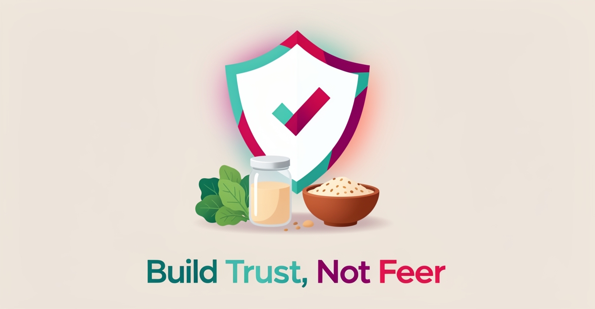 Flat illustration of a protective shield over fresh food items, symbolizing trust-based food safety messaging over fear tactics.