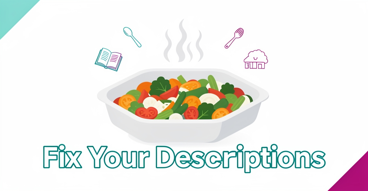 A minimalist flat illustration of frozen food with sensory steam lines and recipe icons, featuring the headline 'Fix Your Descriptions' in brand colors as a modern accent.