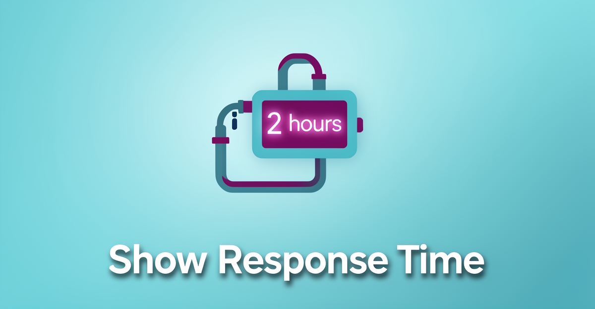 A minimalist flat illustration of a gas line with a digital timer showing '2 hours', using brand colors teal and magenta, with the headline 'Show Response Time' in the lower third