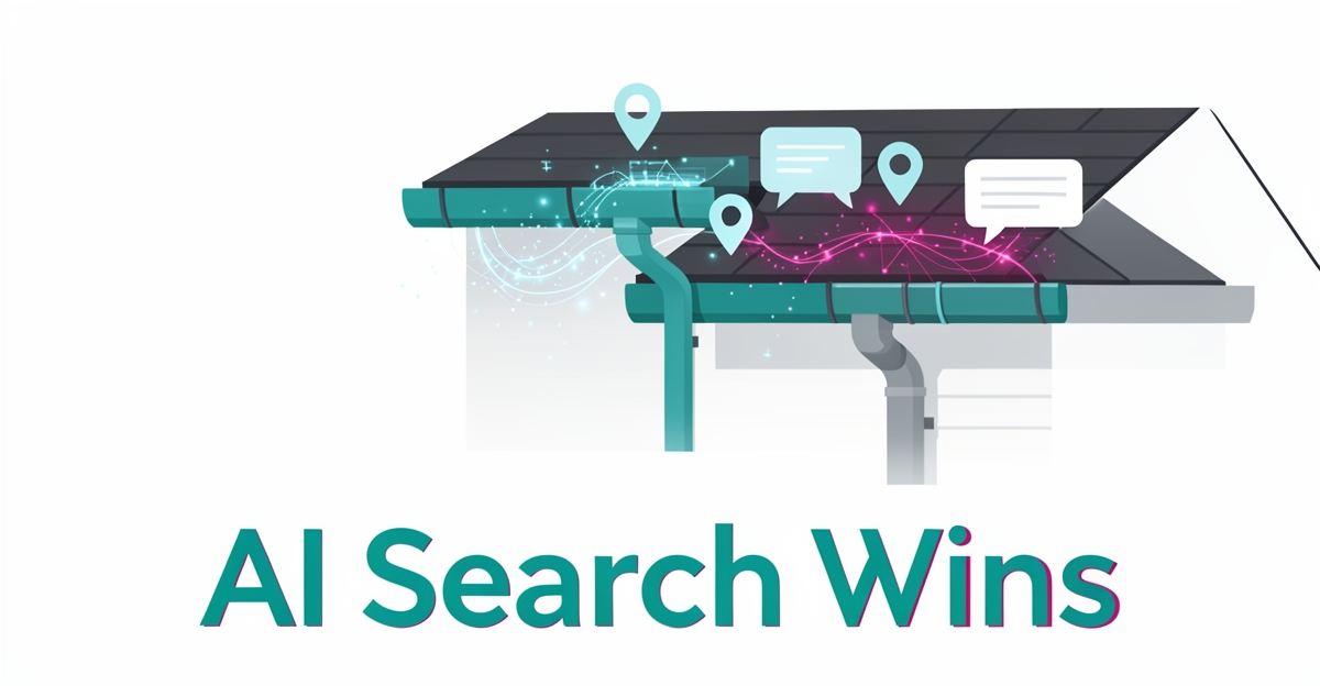 Flat illustration of gutter system with AI search data flowing through, teal and magenta accents, headline 'AI Search Wins' in lower third.