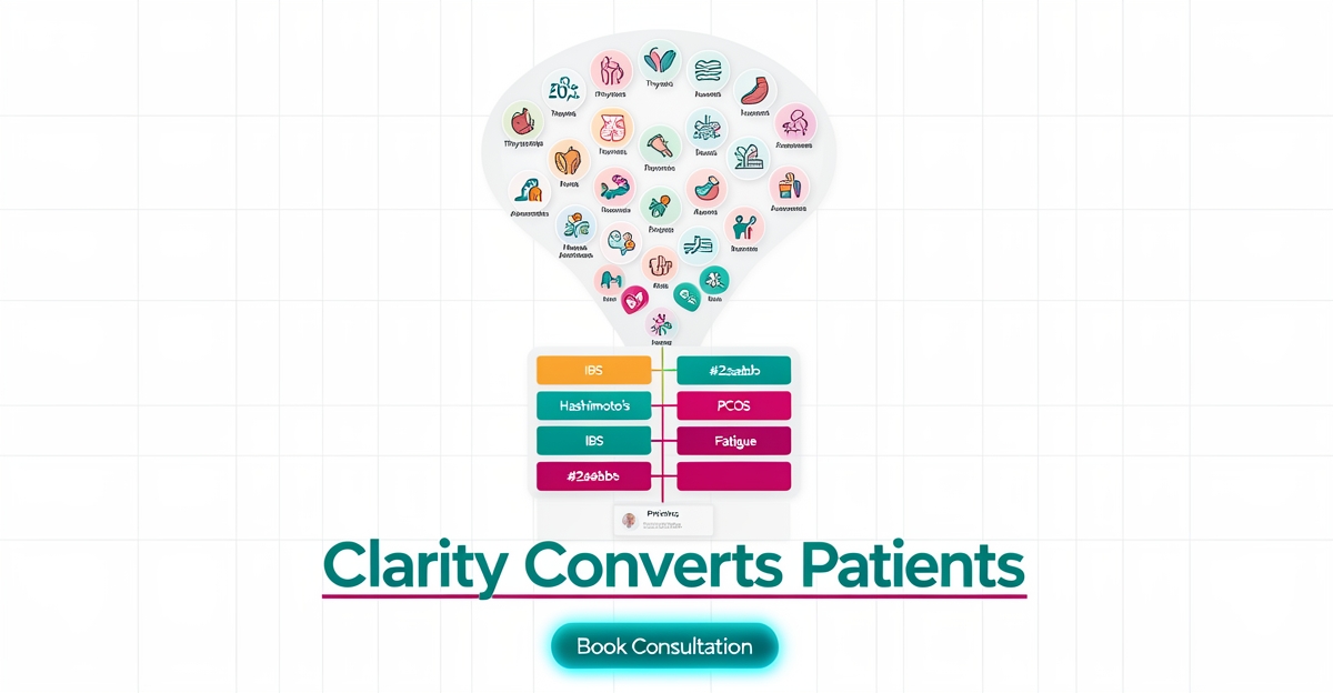 Flat illustration showing a patient journey funnel organizing 20+ health conditions into clear treatment pathways with transparent pricing and booking, using teal and magenta brand accents.