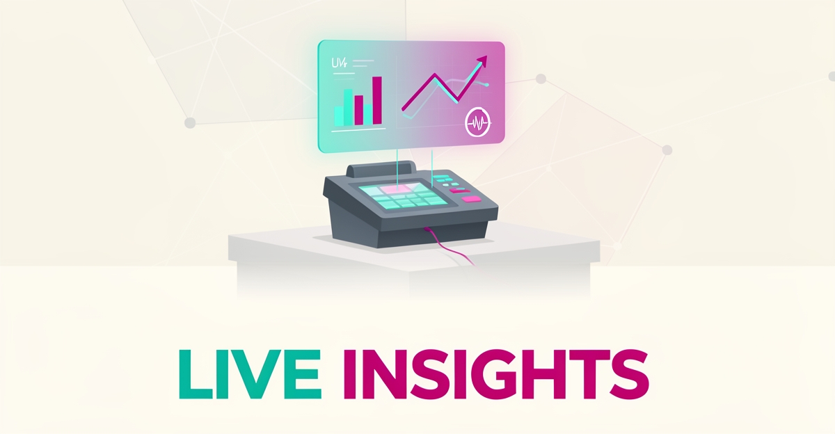 Flat illustration of a POS terminal with a real-time analytics dashboard floating above, accented in teal and magenta.