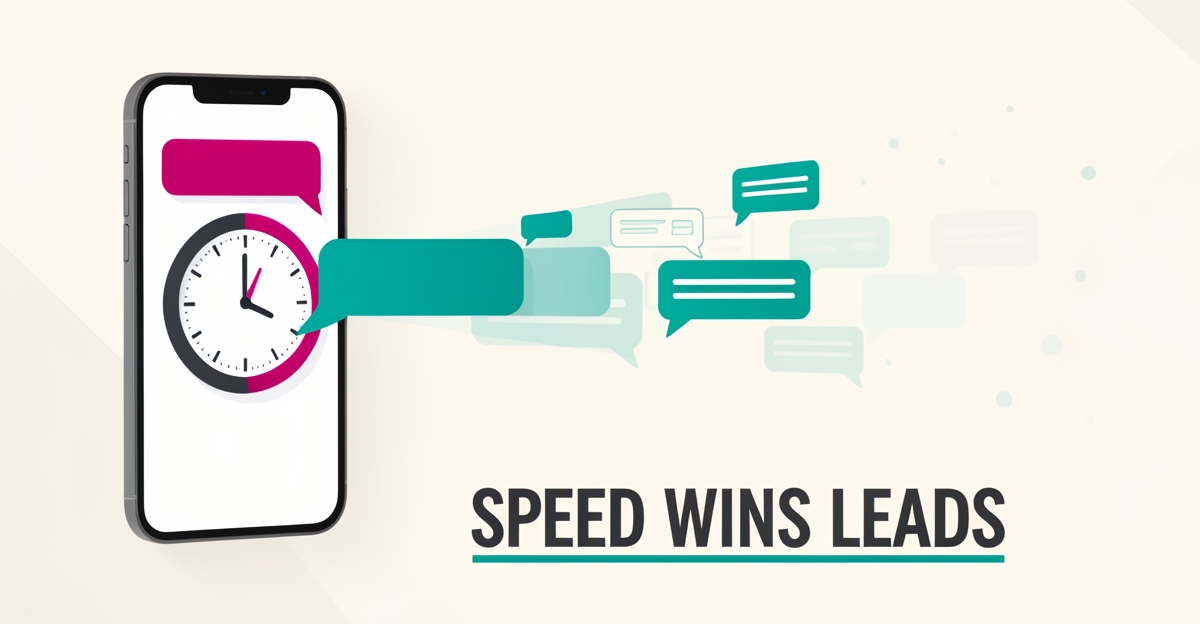 Flat illustration of a phone with chat bubbles fading away beside a clock, symbolizing repair shop leads lost to slow response times.
