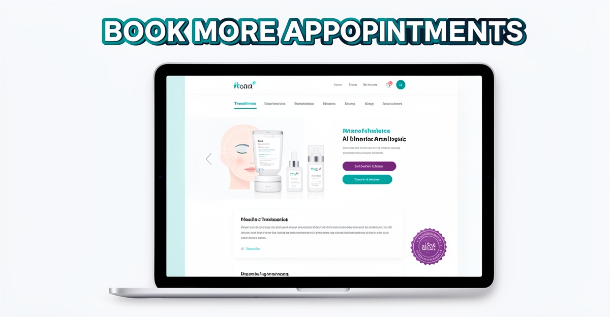 Minimalist flat illustration of a skincare clinic website treatment page with AI skin analysis tool and prominent booking button, using brand colors teal and magenta as accents.