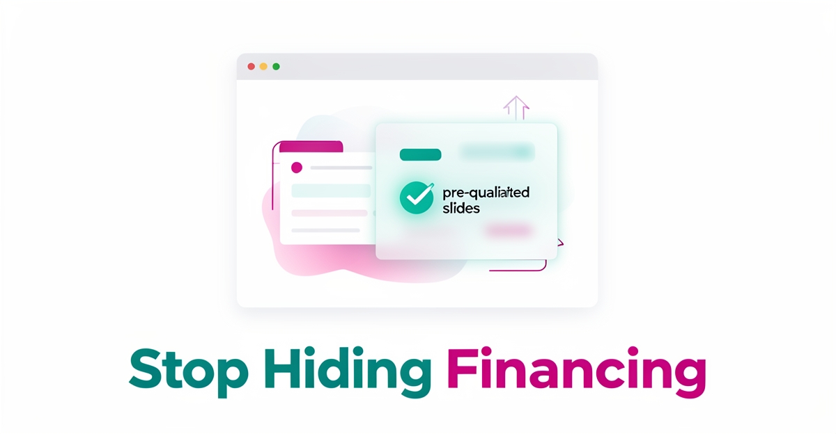 Flat illustration of a website revealing hidden financing options with a pre-qualified badge, accented in teal and magenta.