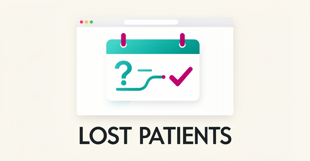 Flat illustration of a recovery timeline calendar in teal and magenta symbolizing patients lost from unclear healthcare websites.
