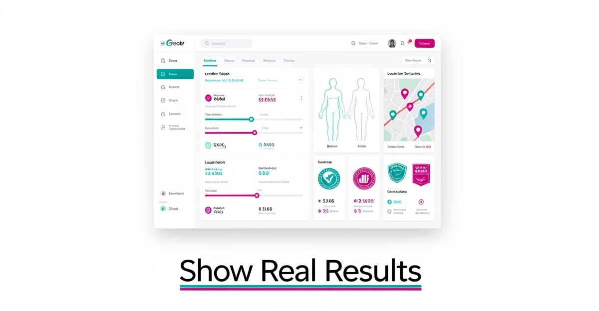 Flat illustration of a clinic website dashboard showing timeline-based weight loss results, location map, and safety badges in brand teal and magenta.
