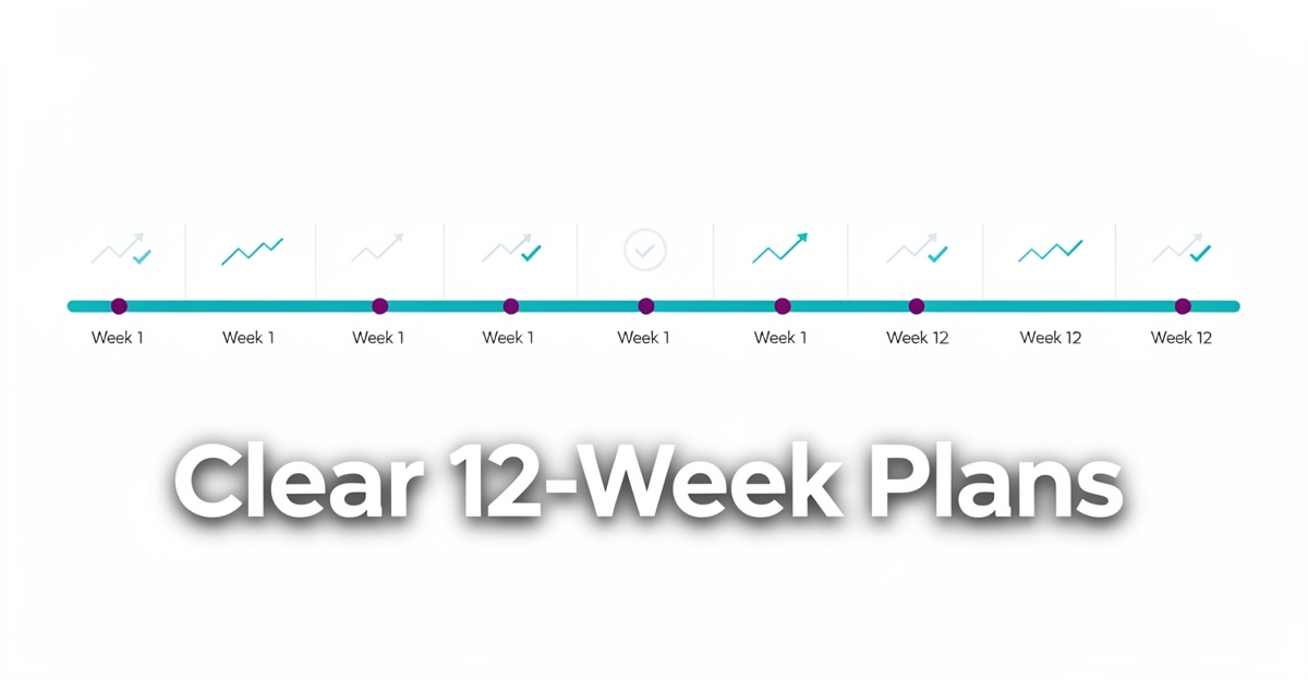 A minimalist flat illustration of a 12-week weight loss program timeline with progress markers, using brand colors teal and magenta, designed for a health and wellness business website