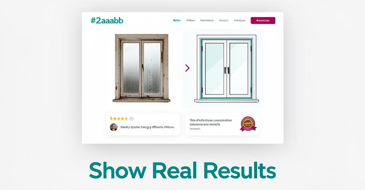 Flat illustration of a window installer website showing before/after photos, testimonials, and certification badges with brand color accents.