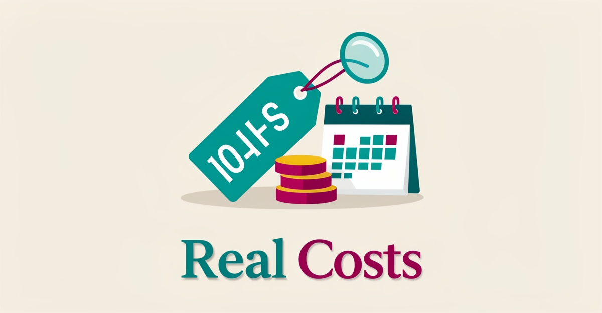 Flat illustration of a price tag, coins, and calendar with teal and magenta accents, headline reading Real Costs.