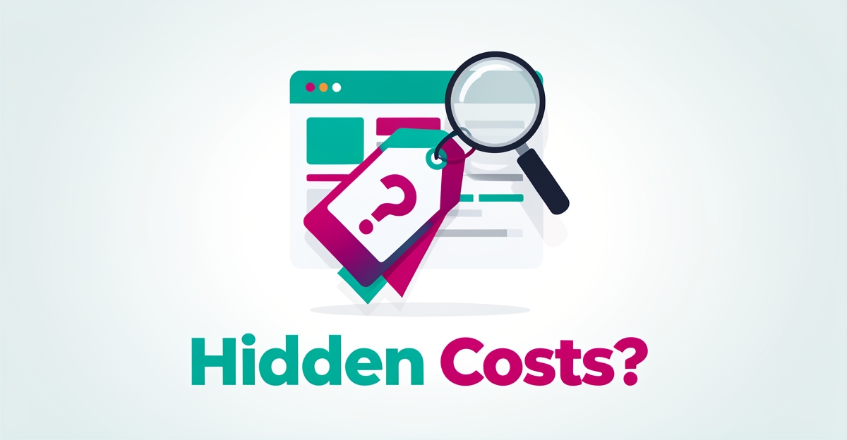 Flat illustration of a price tag with a question mark on a dashboard card, highlighting hidden costs in business software pricing.
