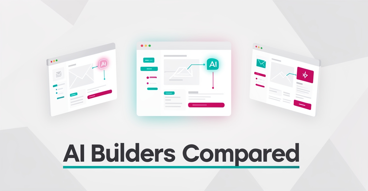 Flat illustration of three AI website builder mockups with glowing AI icons, accented in teal and magenta, titled AI Builders Compared.