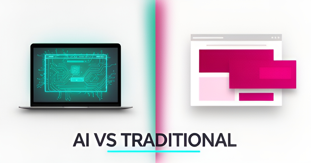 Flat illustration comparing an AI-powered website builder and a traditional drag-and-drop builder, with headline 'AI vs Traditional' in the lower third.