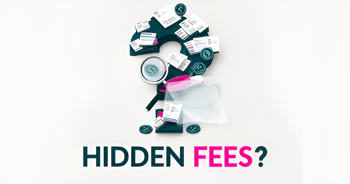 Flat illustration of a magnifying glass revealing hidden fees behind a folder, with a bold headline asking about hidden fees.