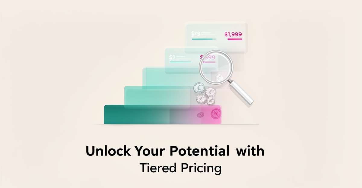 Flat illustration of tiered pricing cards with a magnifying glass revealing hidden fees, accented in teal and magenta.