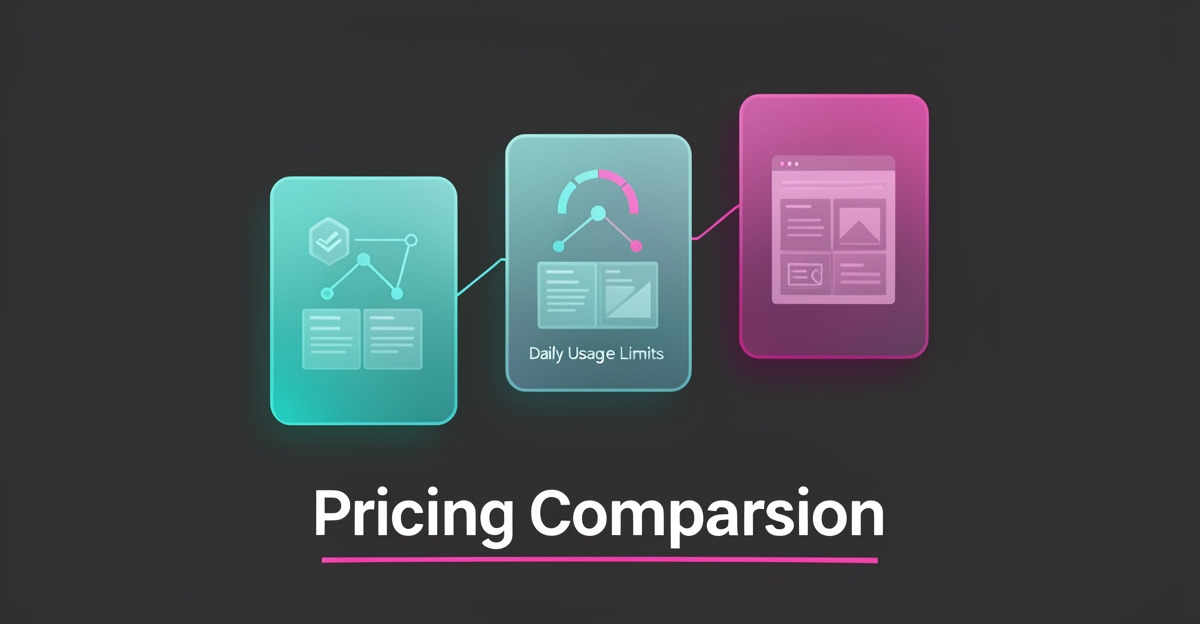 Flat illustration of three pricing tier cards with token flow lines in teal and magenta, headline reading Real Costs.
