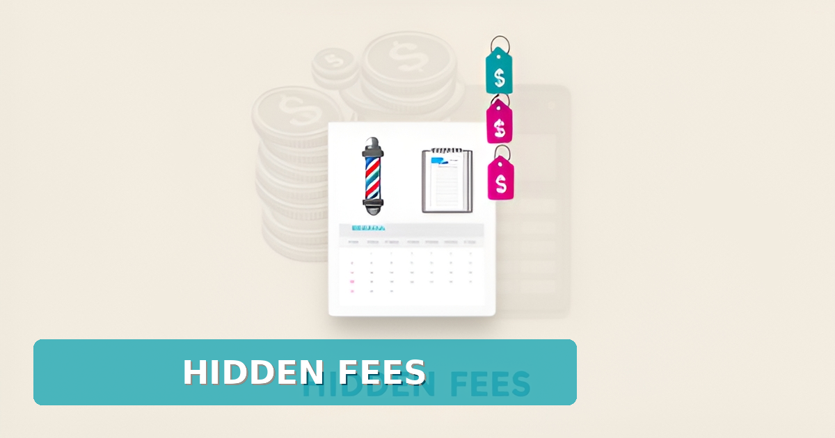 Flat illustration of stacked salon booking costs with coins and price tags highlighting Booksy's hidden fees.