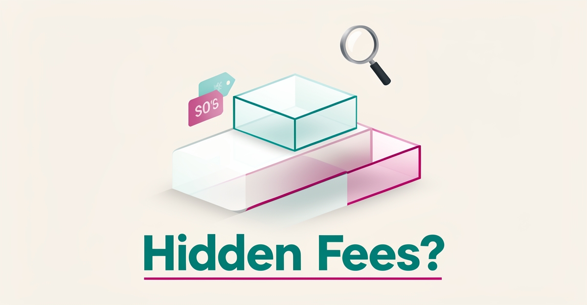 Flat illustration of three tiered pricing blocks with a magnifying glass revealing hidden fees, accented in teal and magenta.
