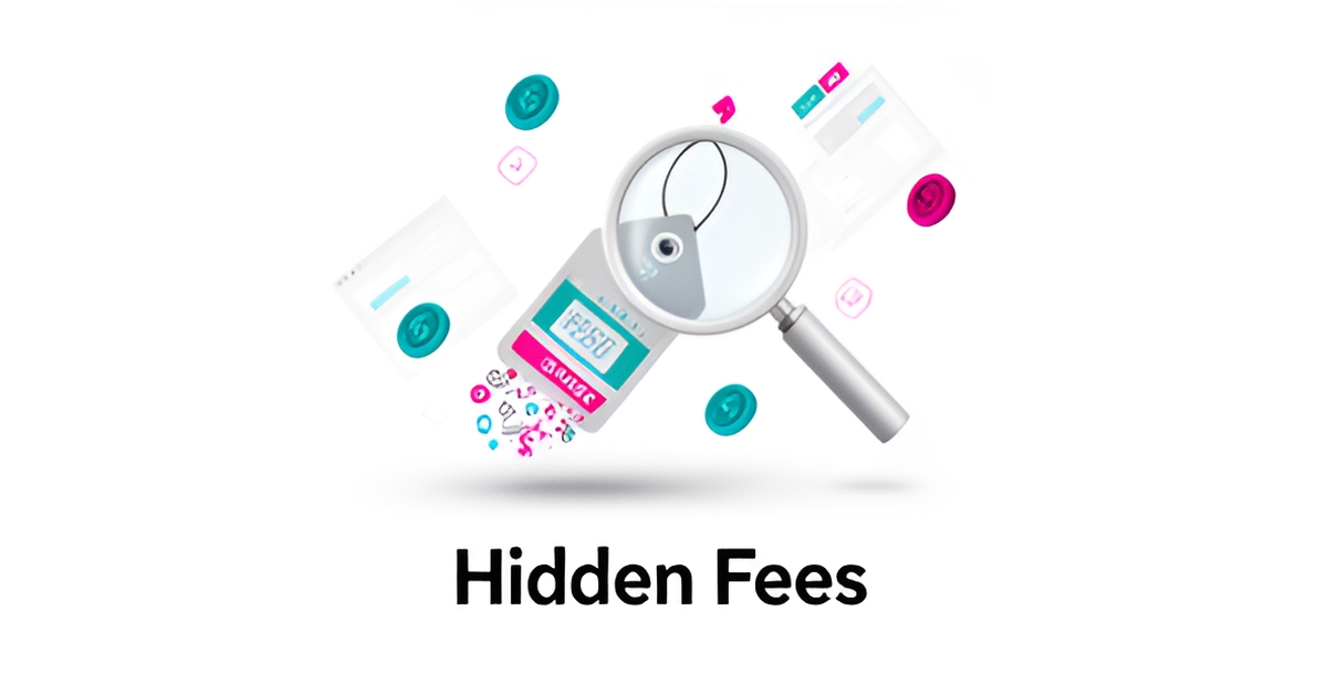 Flat illustration of a magnifying glass revealing hidden fees under a price tag, accented in teal and magenta.